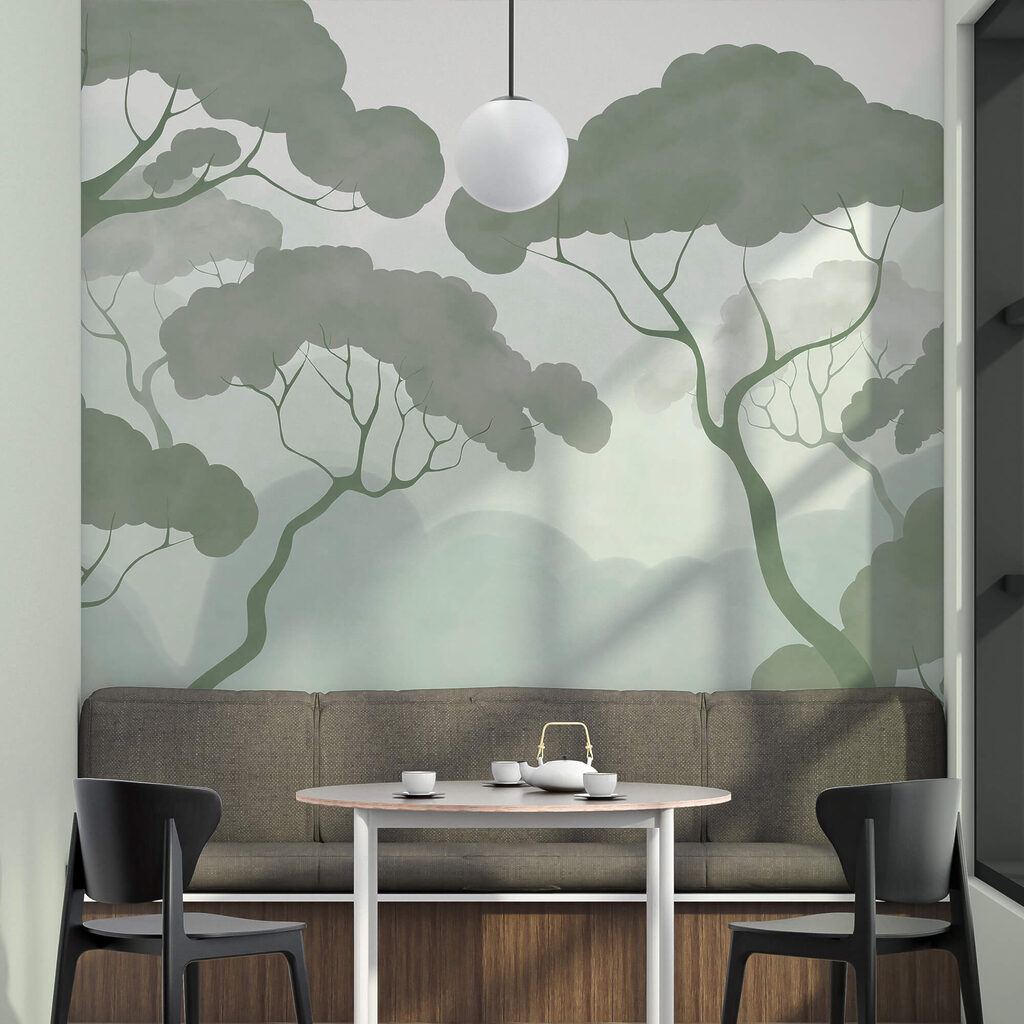 Árboles en neblina dibujada — interior 1