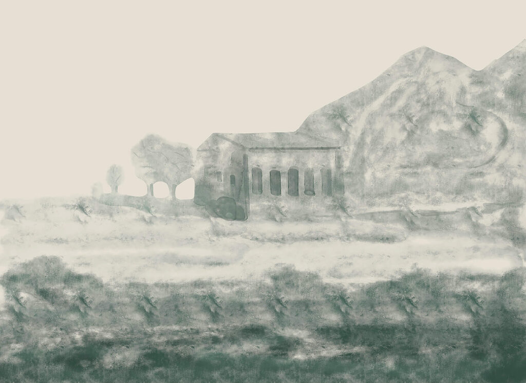 Edificio clásico entre rocas — diseño completo