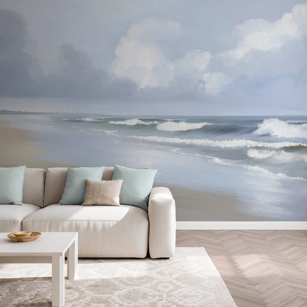 Olas bajo nubes azules en un interior