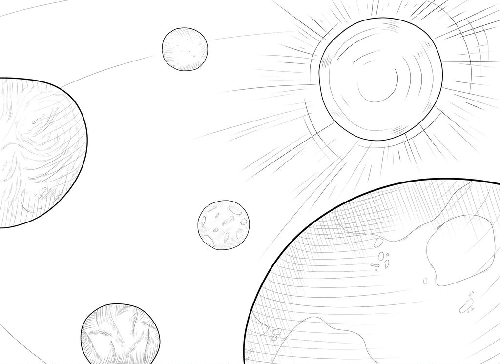 Planetas en trazo fino — diseño completo