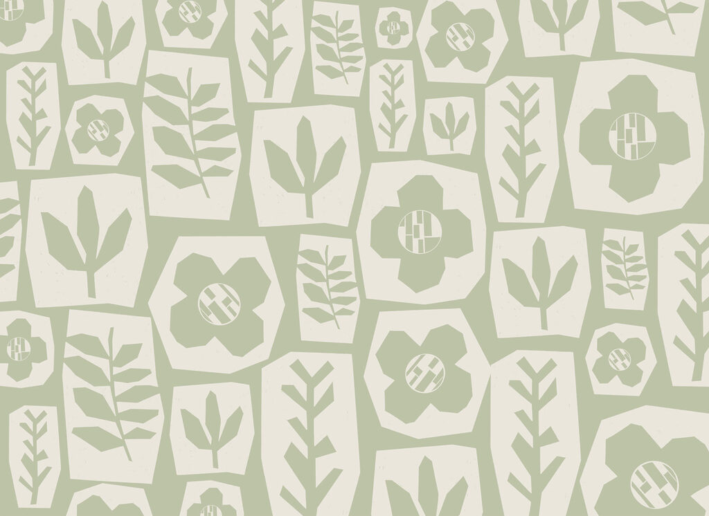 Flores en parches verdes — diseño completo