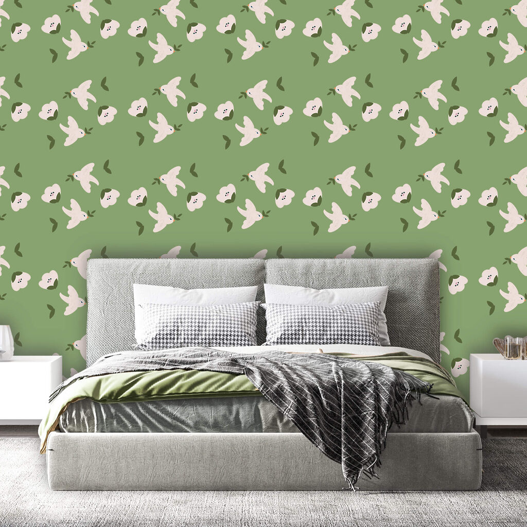 Pájaros blancos sobre verde — interior 1