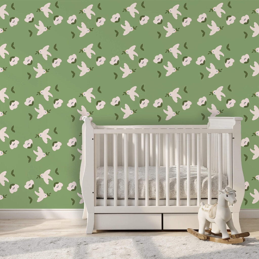 Pájaros blancos sobre verde — interior 2