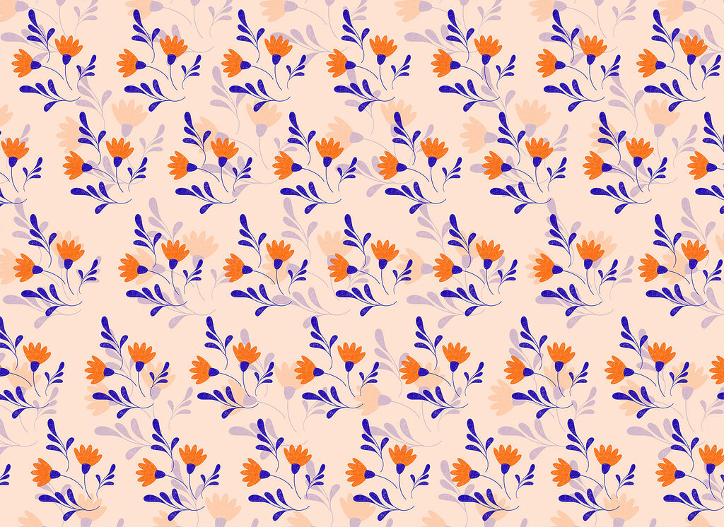 Flores naranjas, ramas azules — diseño completo