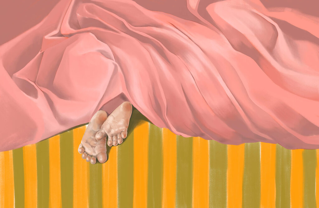 Pies bajo pliegues rosas — diseño completo