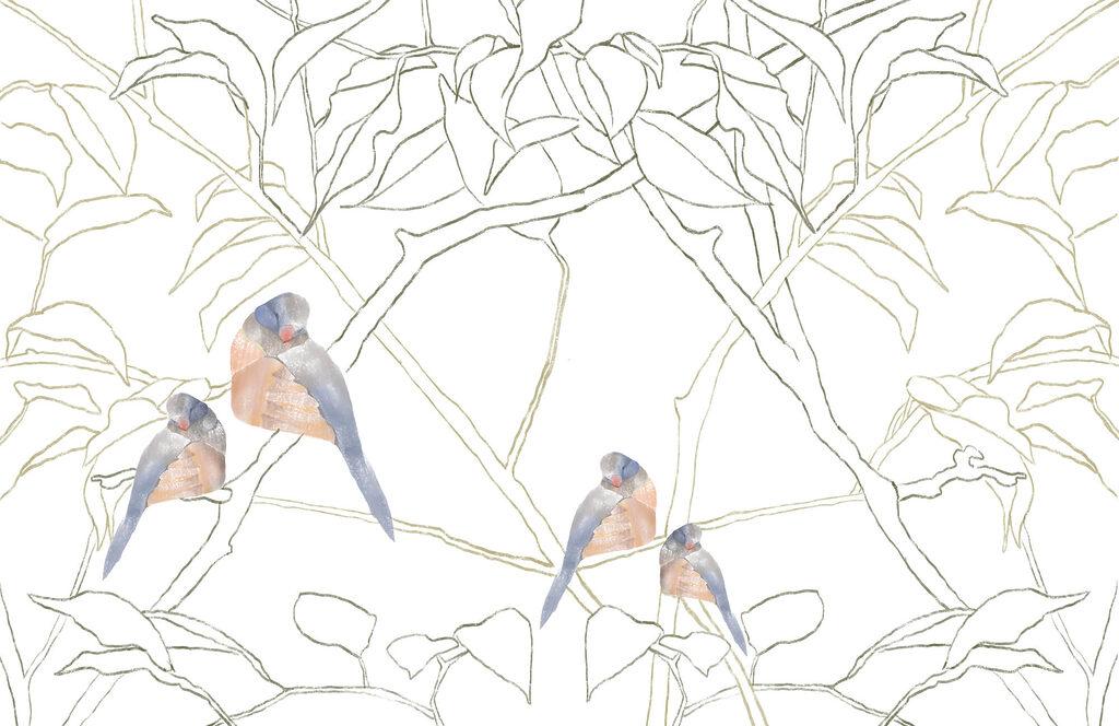 Aves entre ramas dibujadas — diseño completo