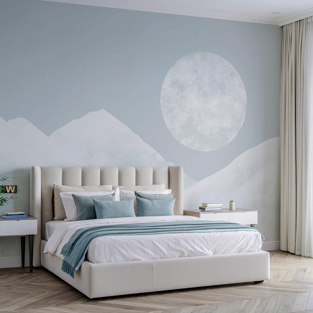 Luna llena sobre montañas en un interior