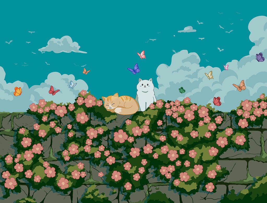 Gatos sobre seto florido — diseño completo