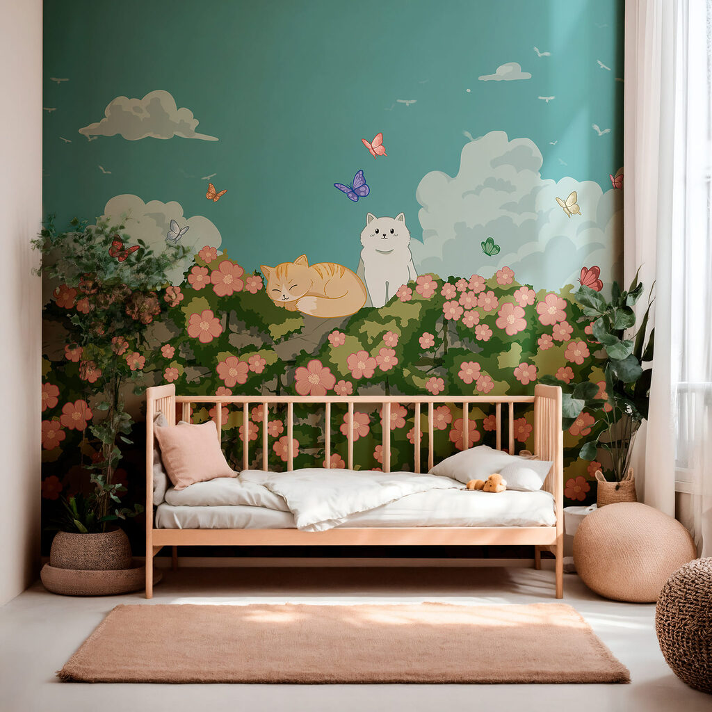 Gatos sobre seto florido en un interior