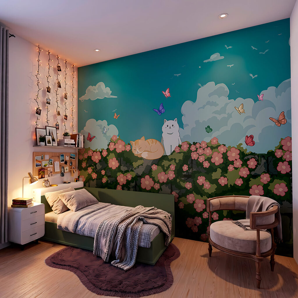 Gatos sobre seto florido — interior 2