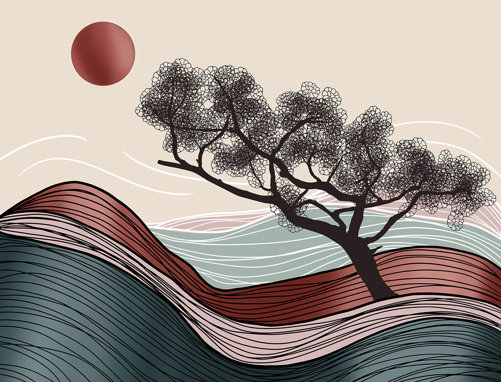 Árbol sobre líneas onduladas — diseño completo