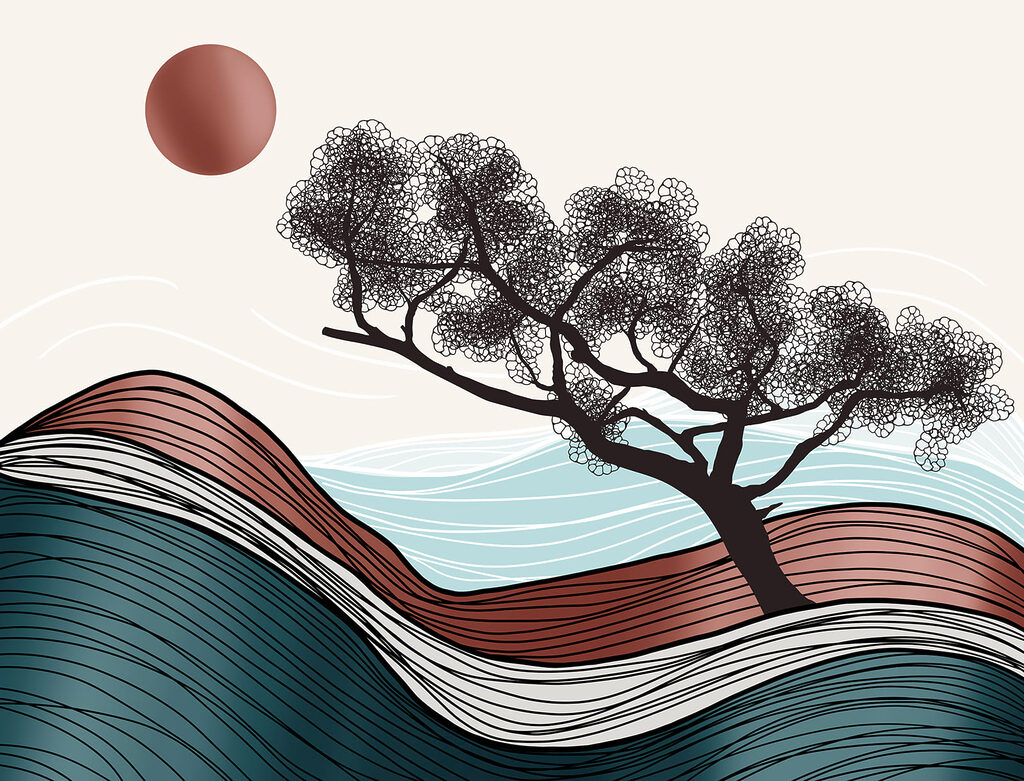 Árbol sobre líneas onduladas — diseño completo