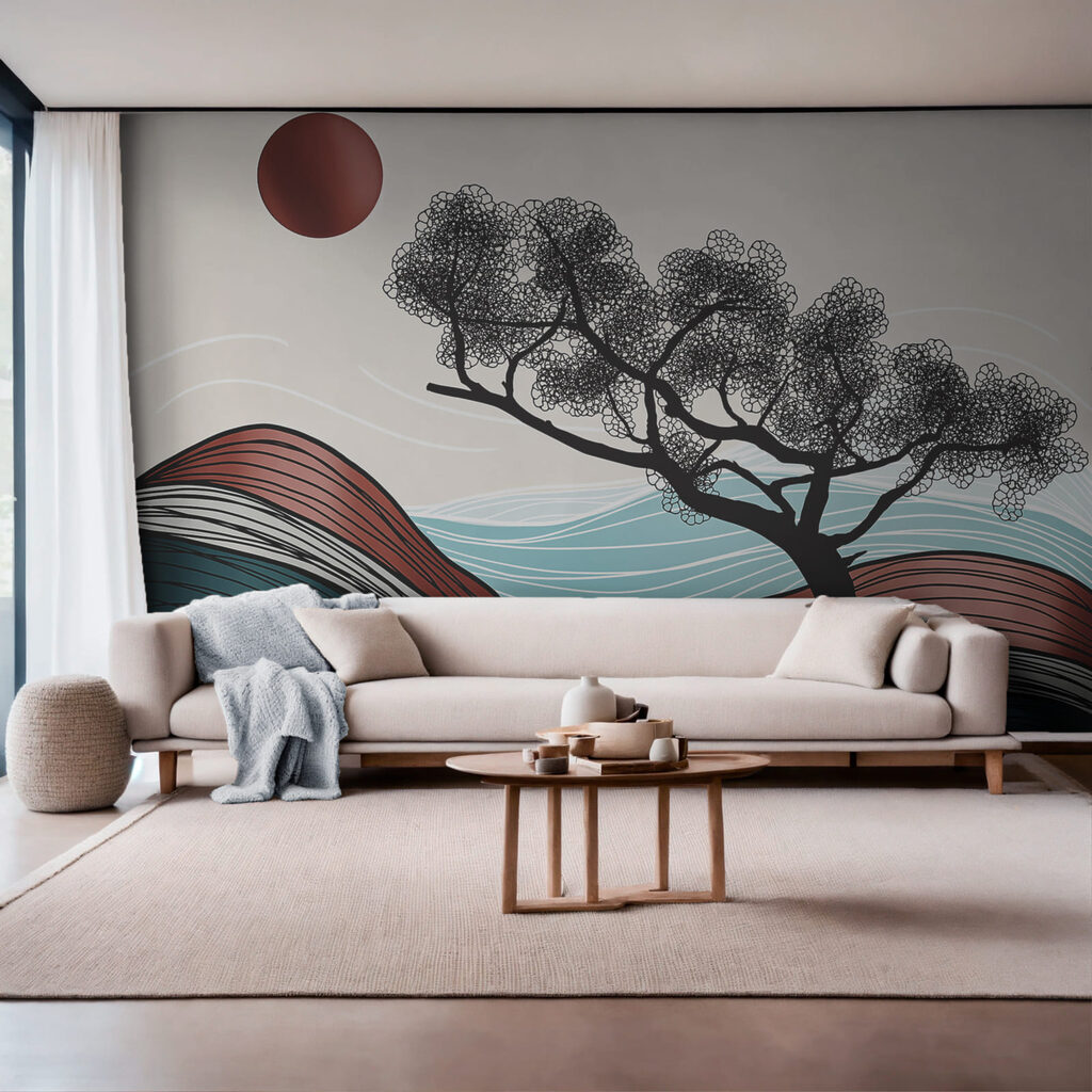 Árbol sobre líneas onduladas en un interior