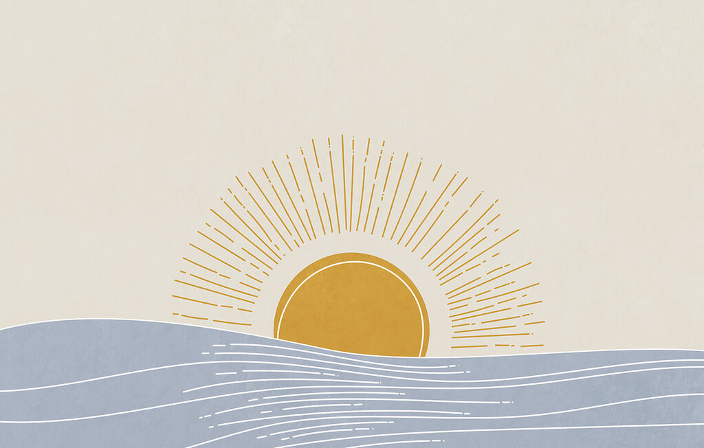 Sol radiante sobre olas — diseño completo