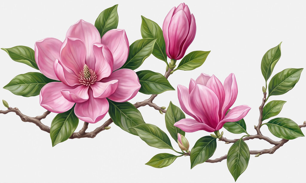 Magnolias rosas en rama — diseño completo