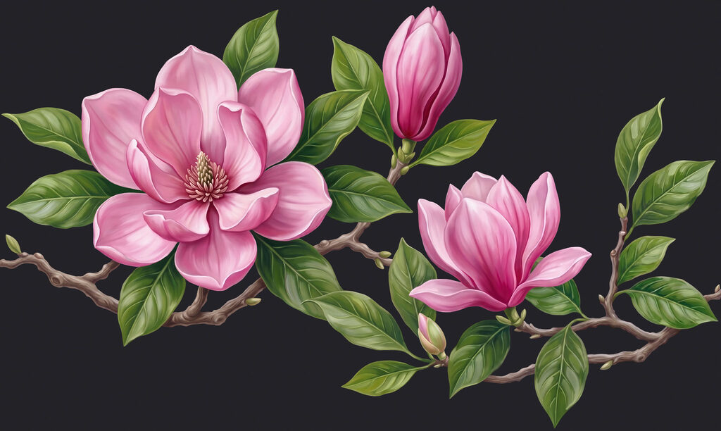 Magnolias rosas en rama — diseño completo