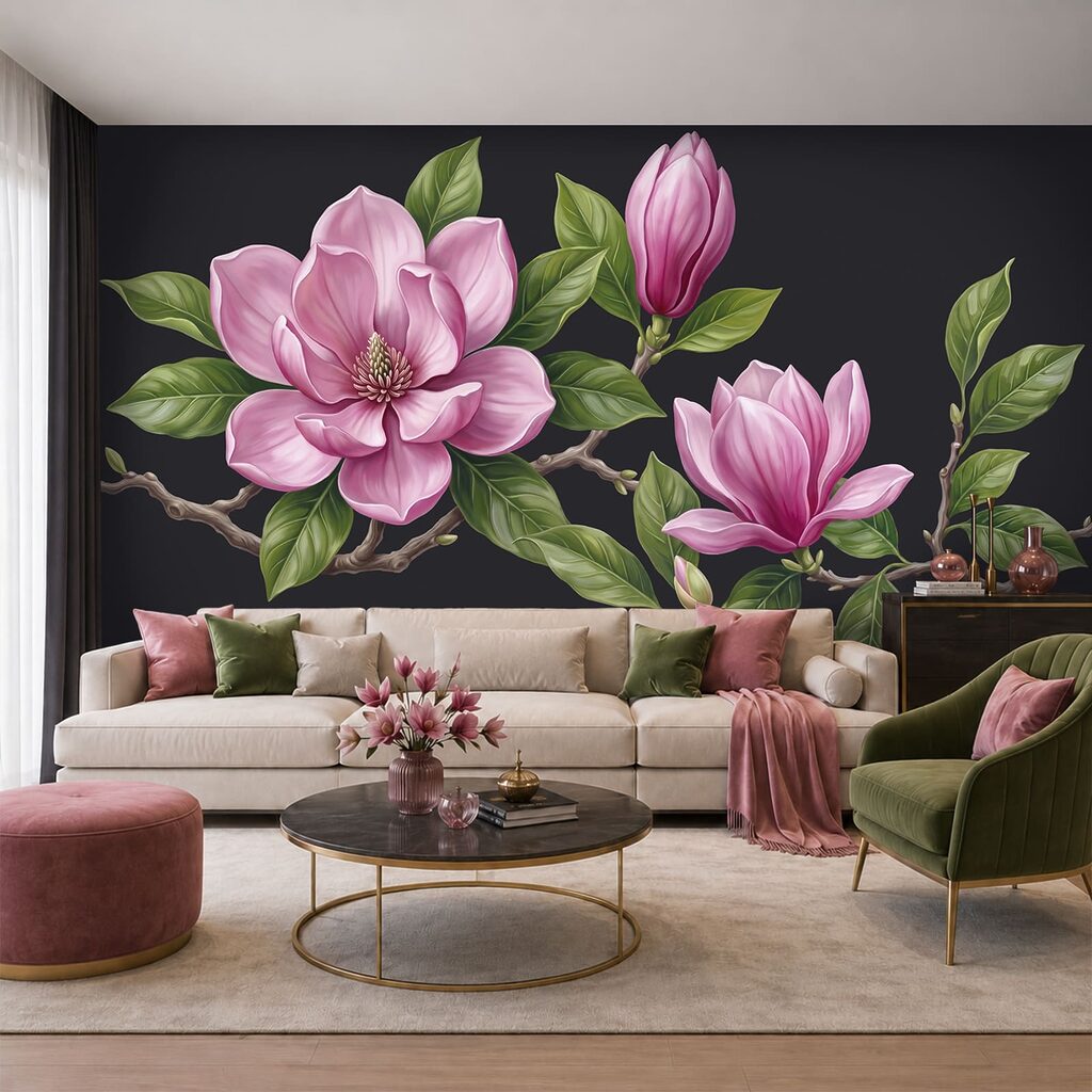 Magnolias rosas en rama en un interior