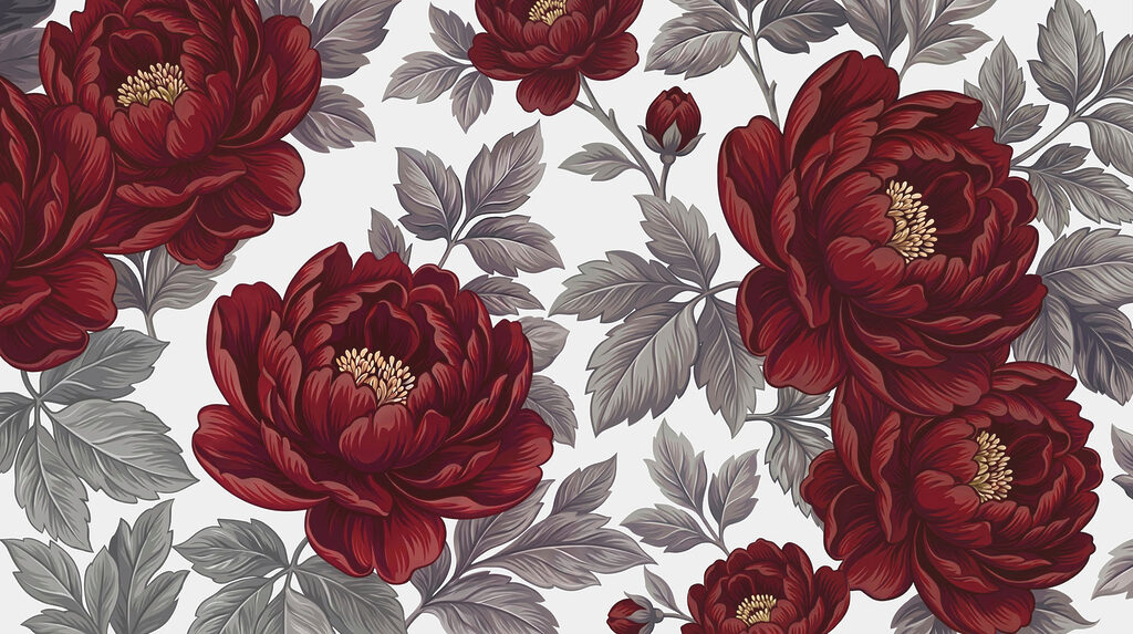 Pétalos rojos, hojas grises — diseño completo