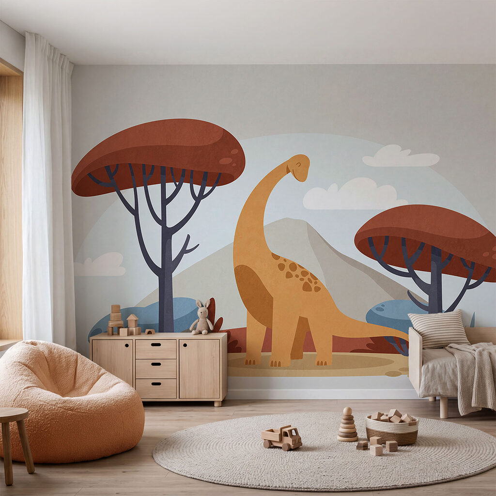 Dinosaurio entre árboles en un interior