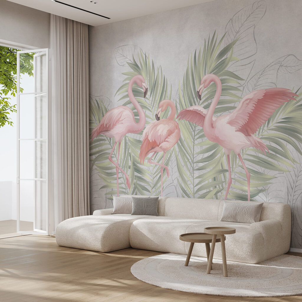 Flamencos entre palmas en un interior