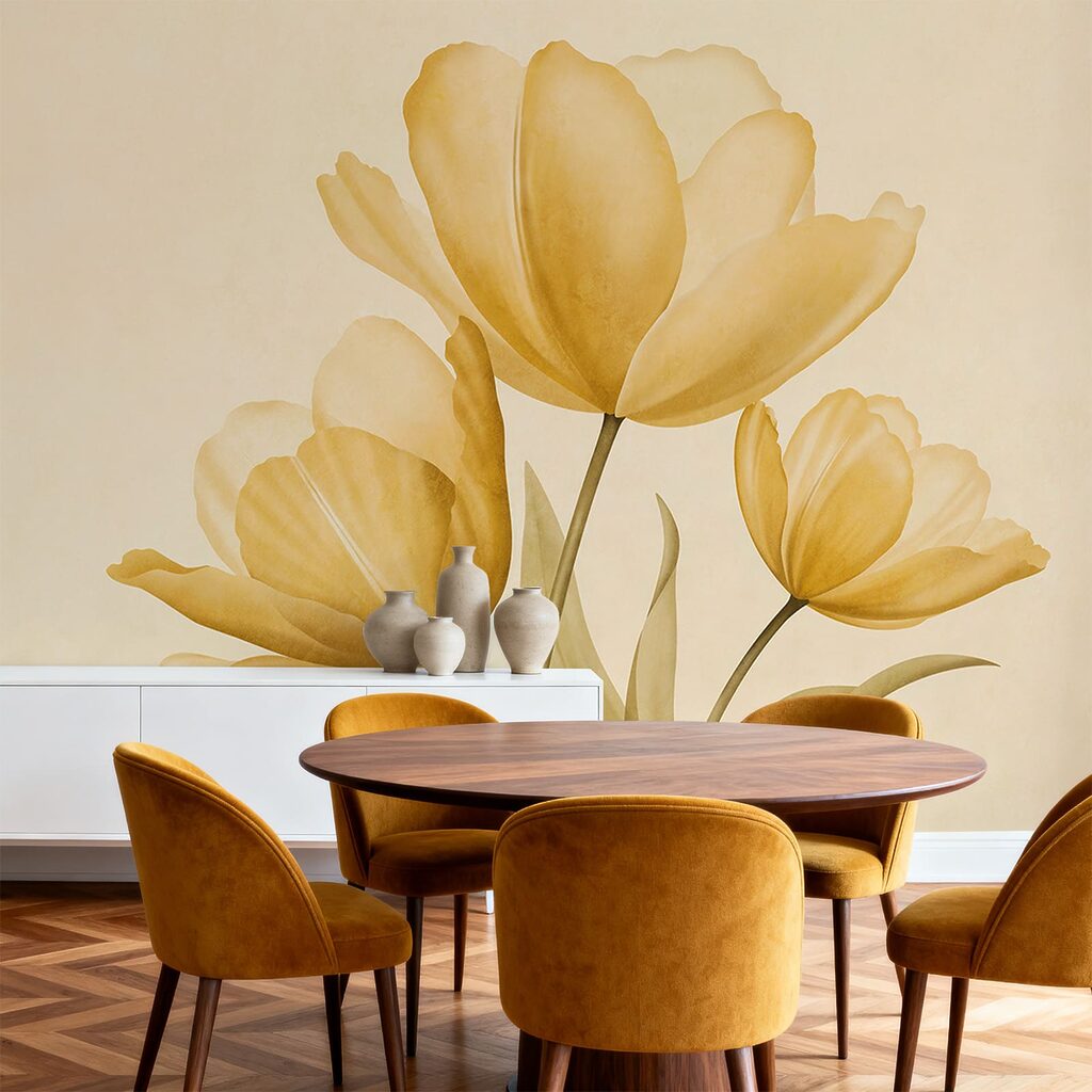 Tres tulipanes en un interior