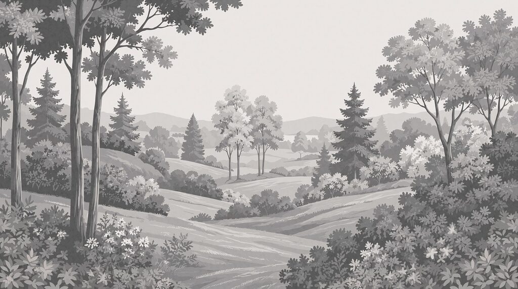 Paisaje en líneas grises — diseño completo