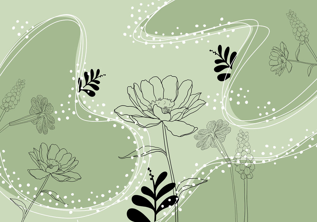 Flores entre curvas punteadas — diseño completo
