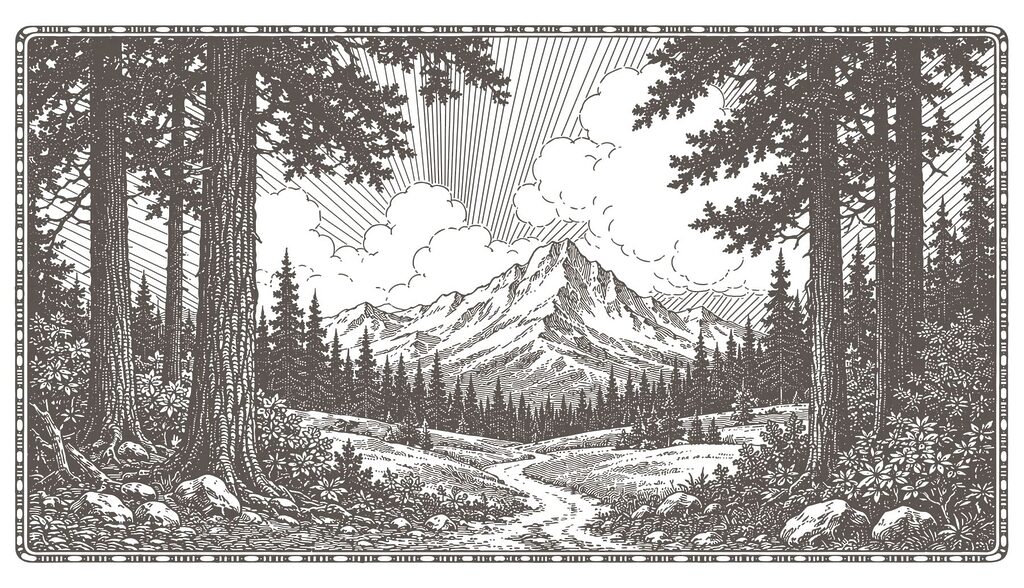 Sendero entre pinos — diseño completo