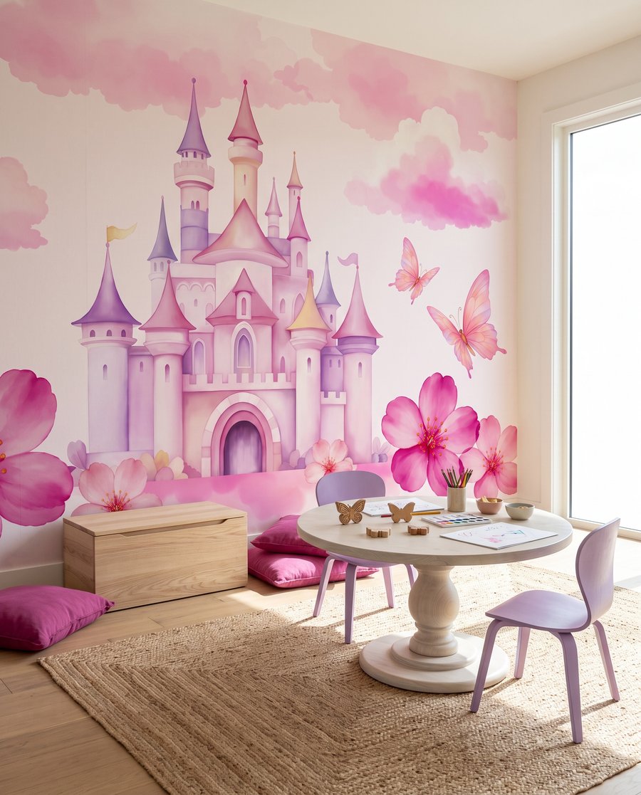 Castillo entre nubes floridas en un interior