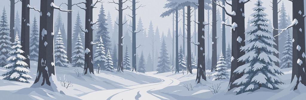 Sendero entre pinos nevados — diseño completo