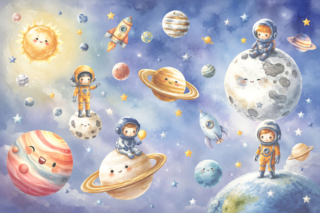 Pequeños astronautas explorando — diseño completo