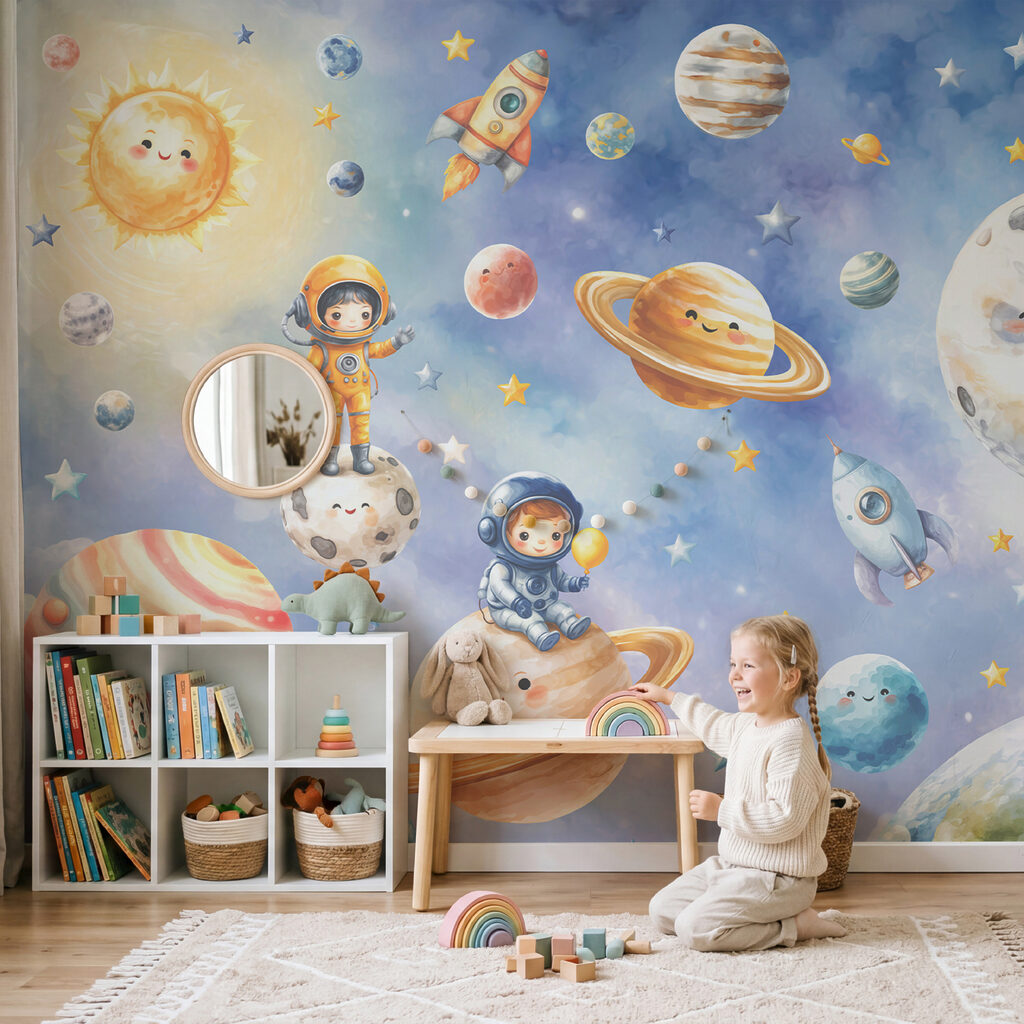 Pequeños astronautas explorando en un interior