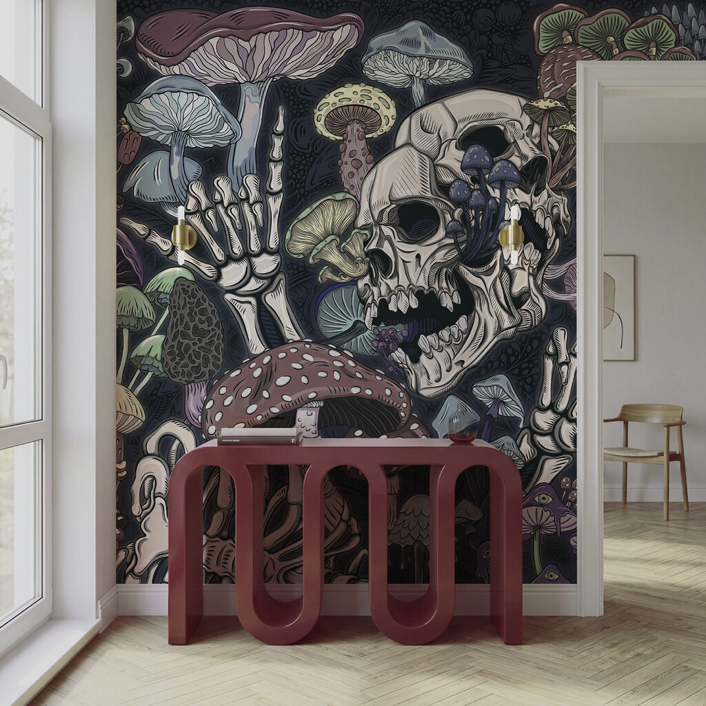 Calavera entre setas oscuras en un interior