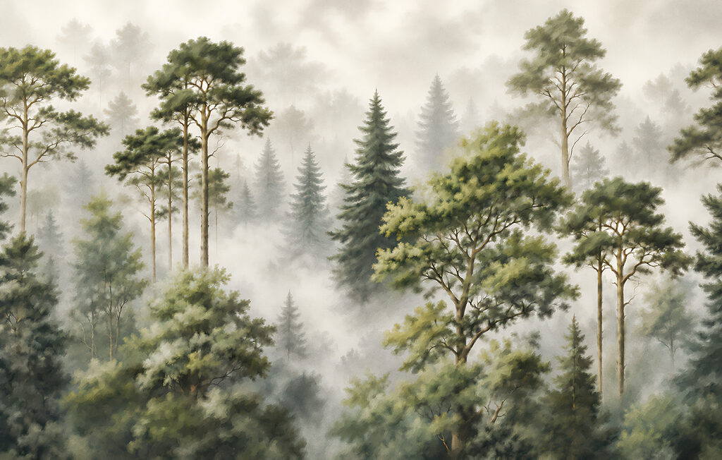 Coníferas entre la niebla — diseño completo