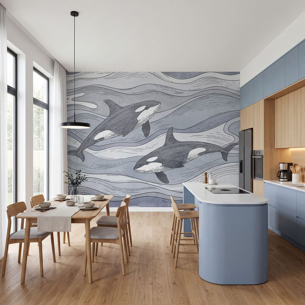 Orcas entre olas dibujadas — interior 2
