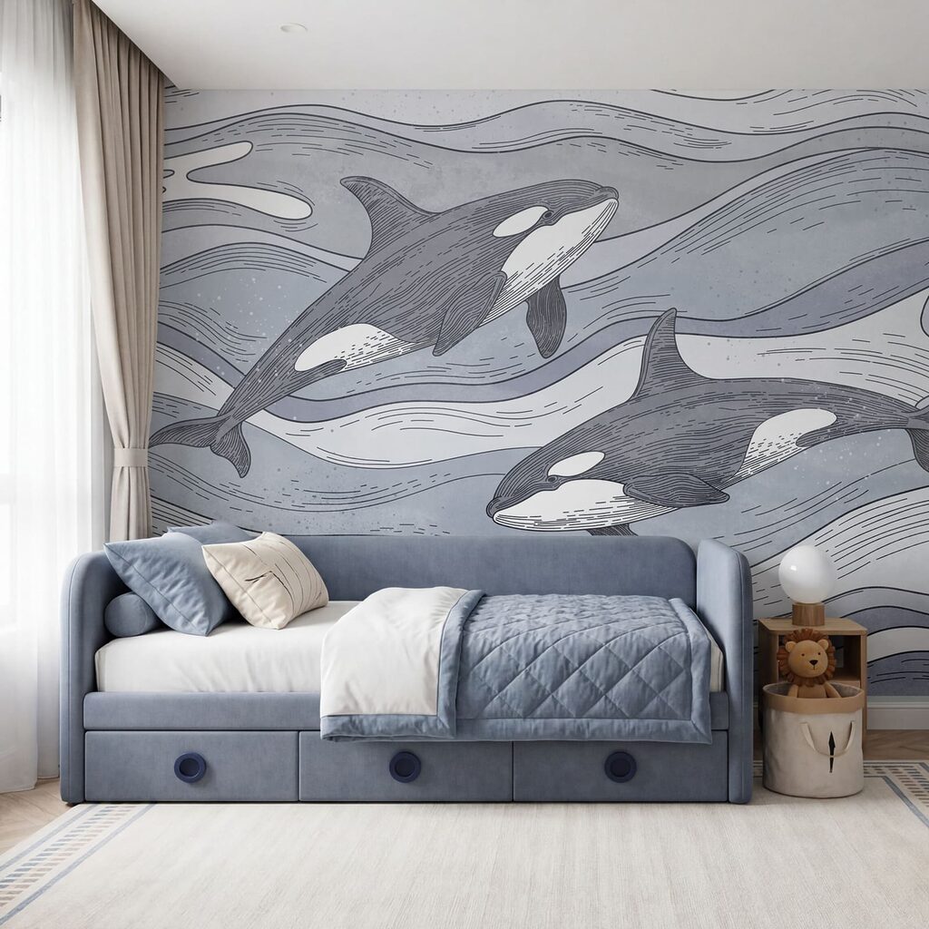 Orcas entre olas dibujadas — interior 3
