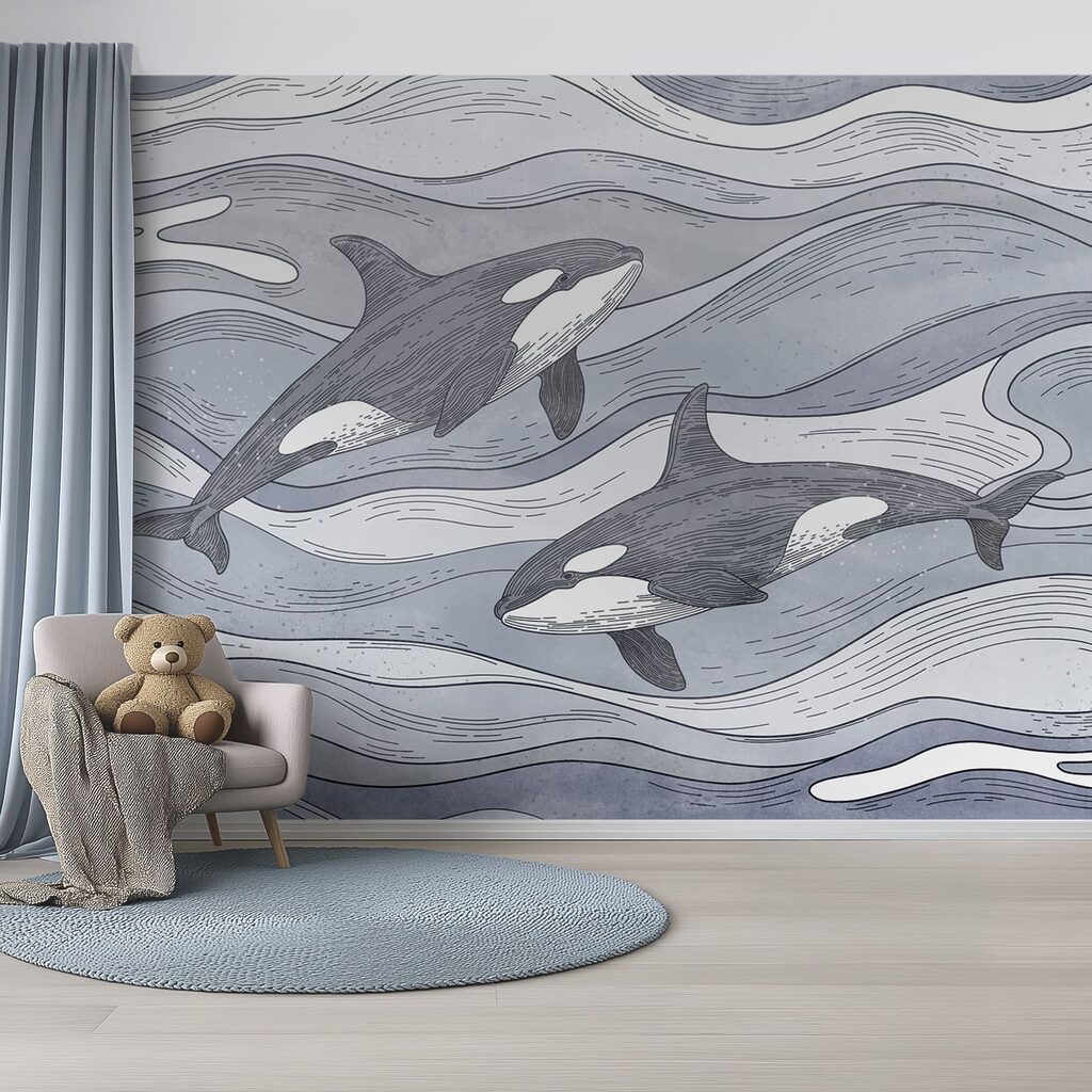 Orcas entre olas dibujadas en un interior