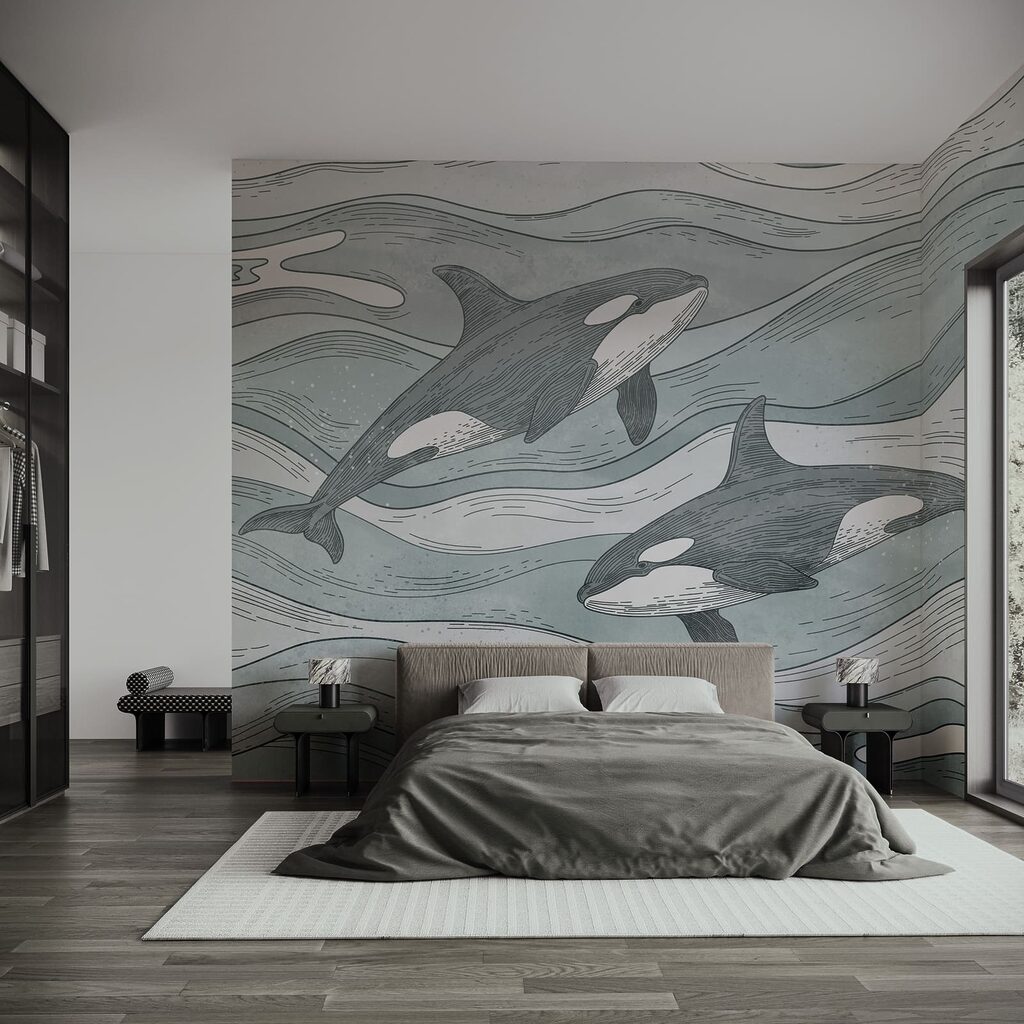 Orcas entre olas dibujadas — interior 2