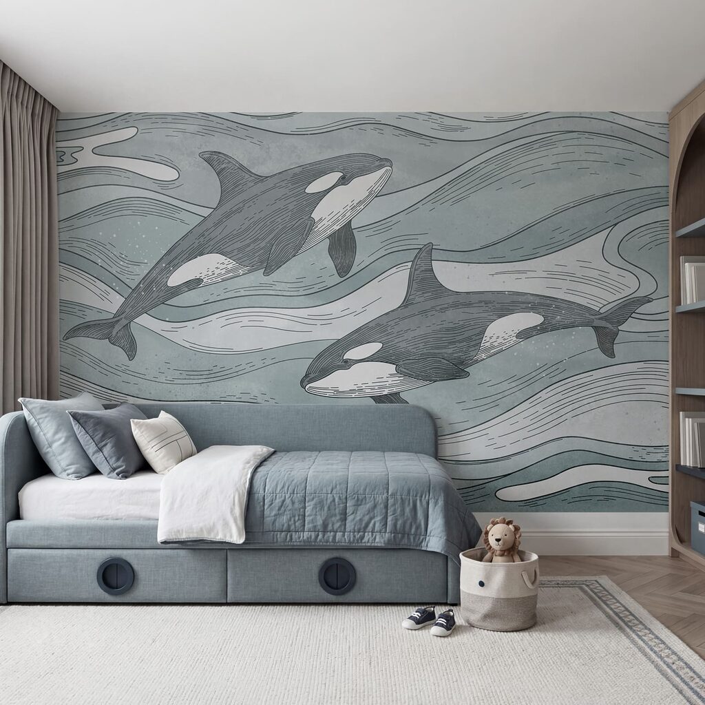 Orcas entre olas dibujadas — interior 1