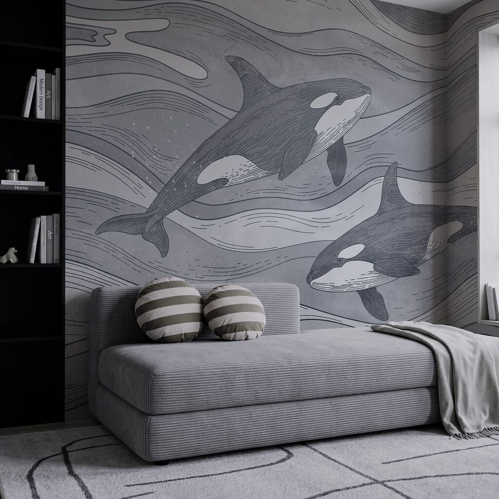 Orcas entre olas dibujadas — interior 1