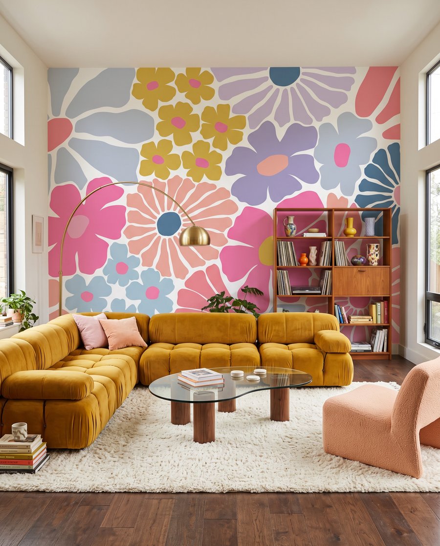 Flores recortadas de color en un interior
