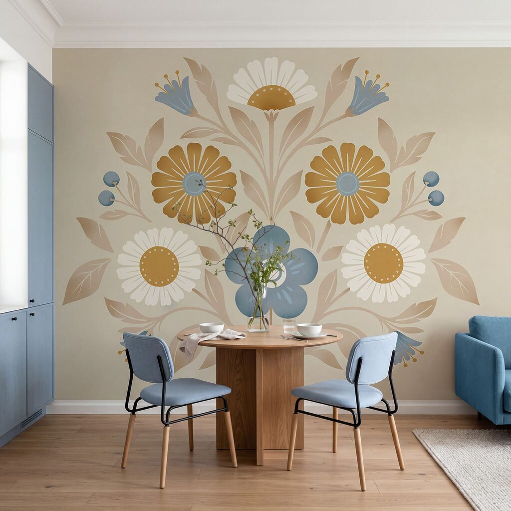 Flores en ornamento circular en un interior
