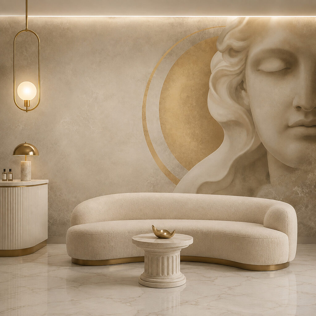 Rostro clásico y dorado en un interior