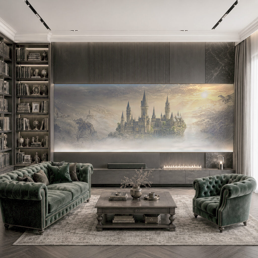 Castillo sobre la niebla en un interior