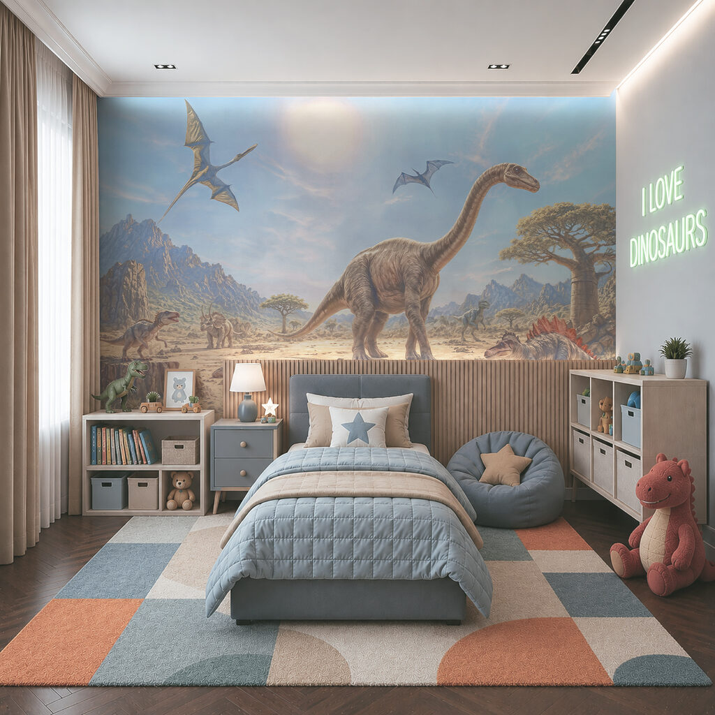 Dinosaurios junto al agua en un interior