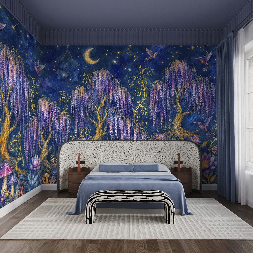 Jardín nocturno con luna en un interior