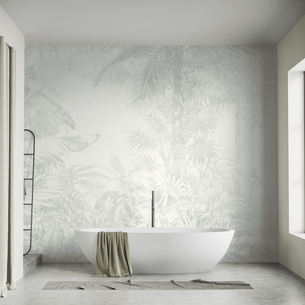 Hojas tropicales en blanco en un interior