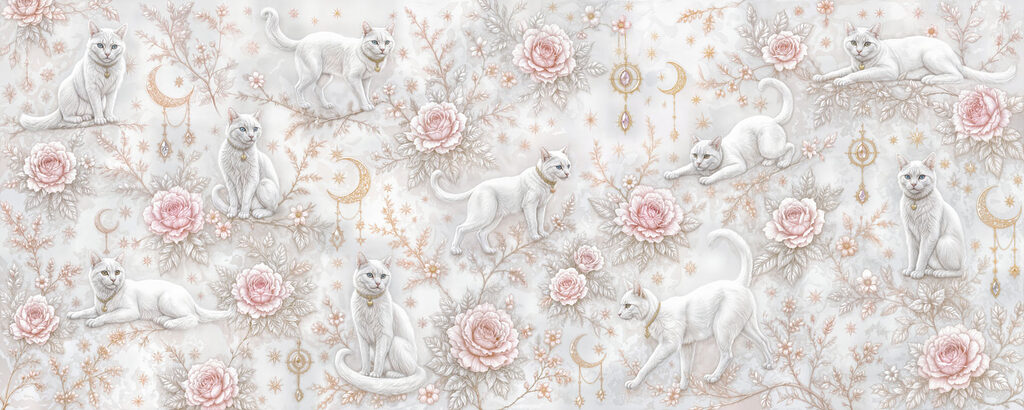 Gatos blancos entre rosas — diseño completo