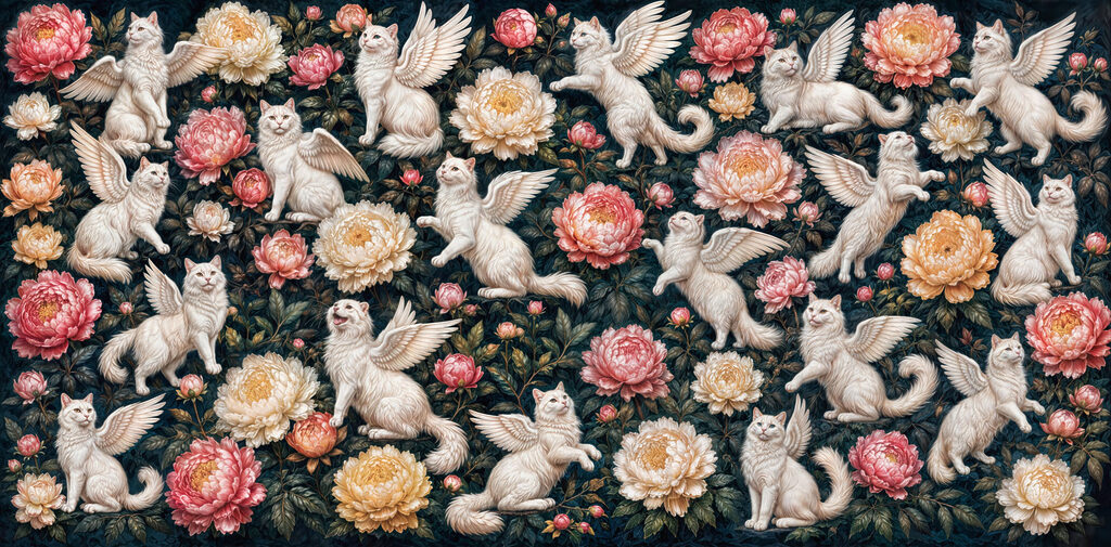 Felinos alados entre flores — diseño completo