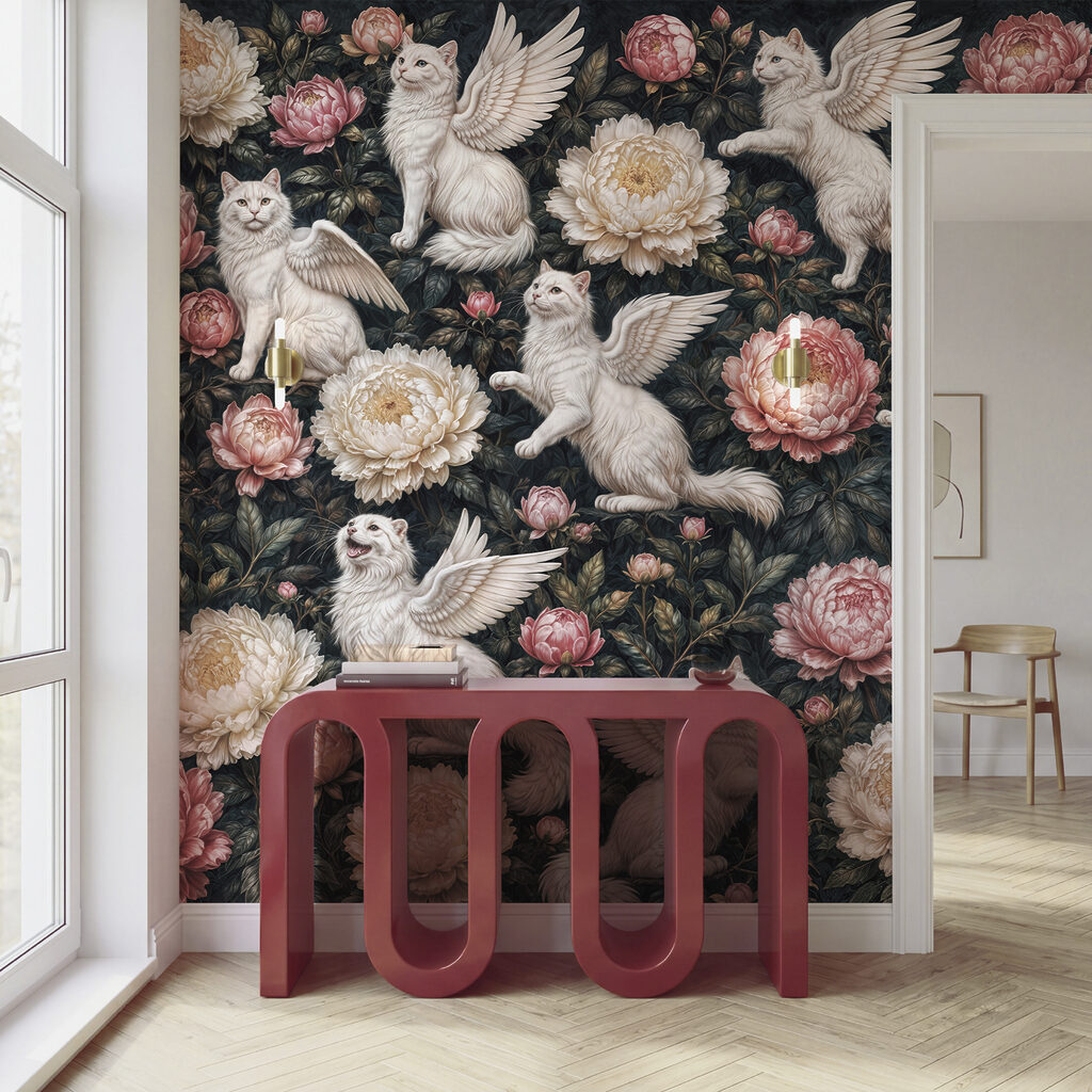 Felinos alados entre flores en un interior